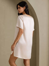 [Beige] SilkSilky-CA Half Sleeve V Neck Nightgown 002