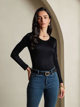 [Black] SilkSilky-CA Silk Jersey Long Sleeve Round Neck Women's T-Shirt 001