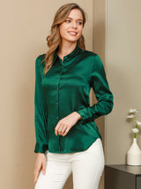 [Dark Green] SilkSilky-CA Long Sleeve Lapel Collar Women's Shirt 001