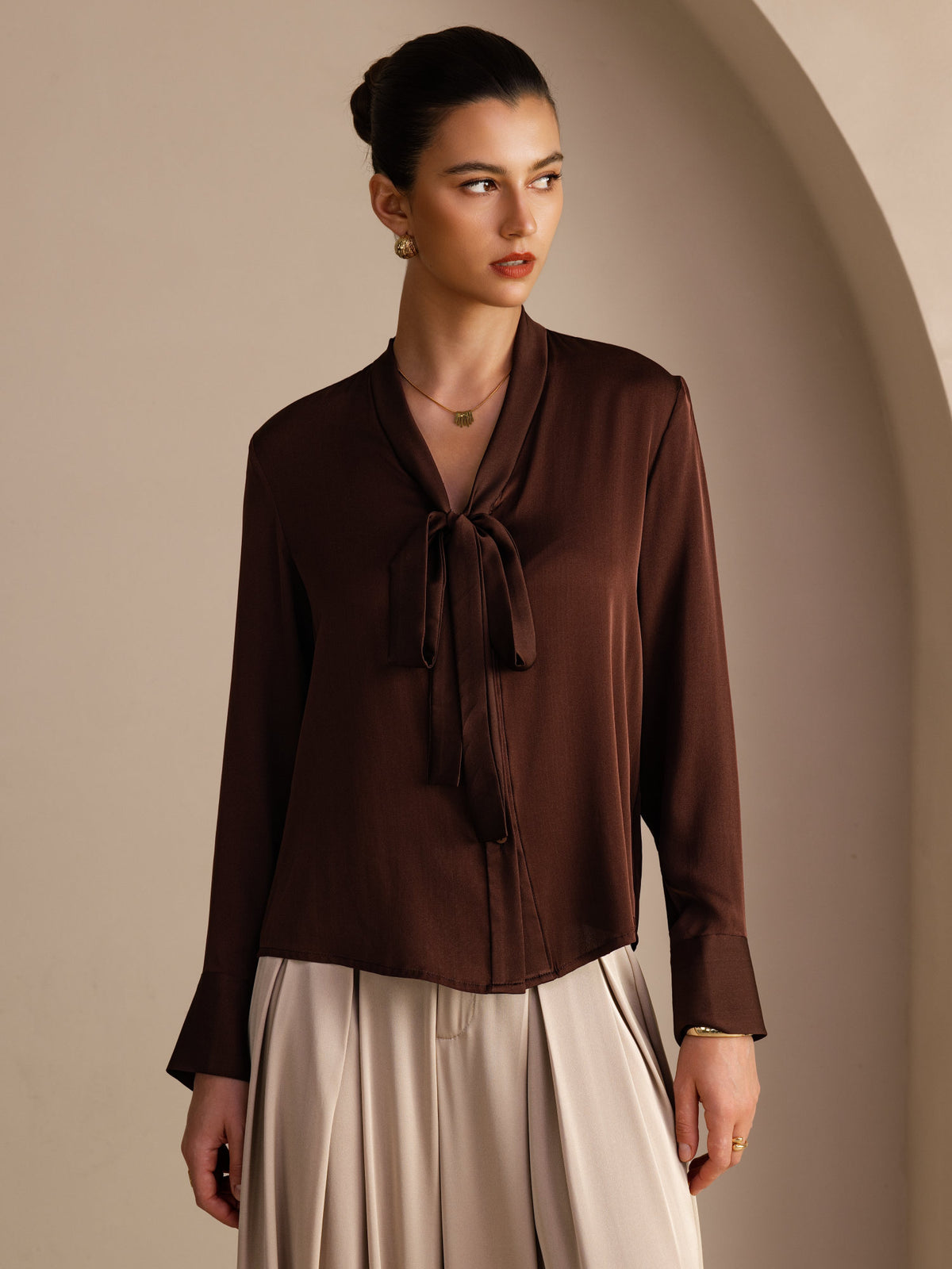 [Bitter Chocolate] SilkSilky-CA Long Sleeve Tie Neck Women's Blouse 001