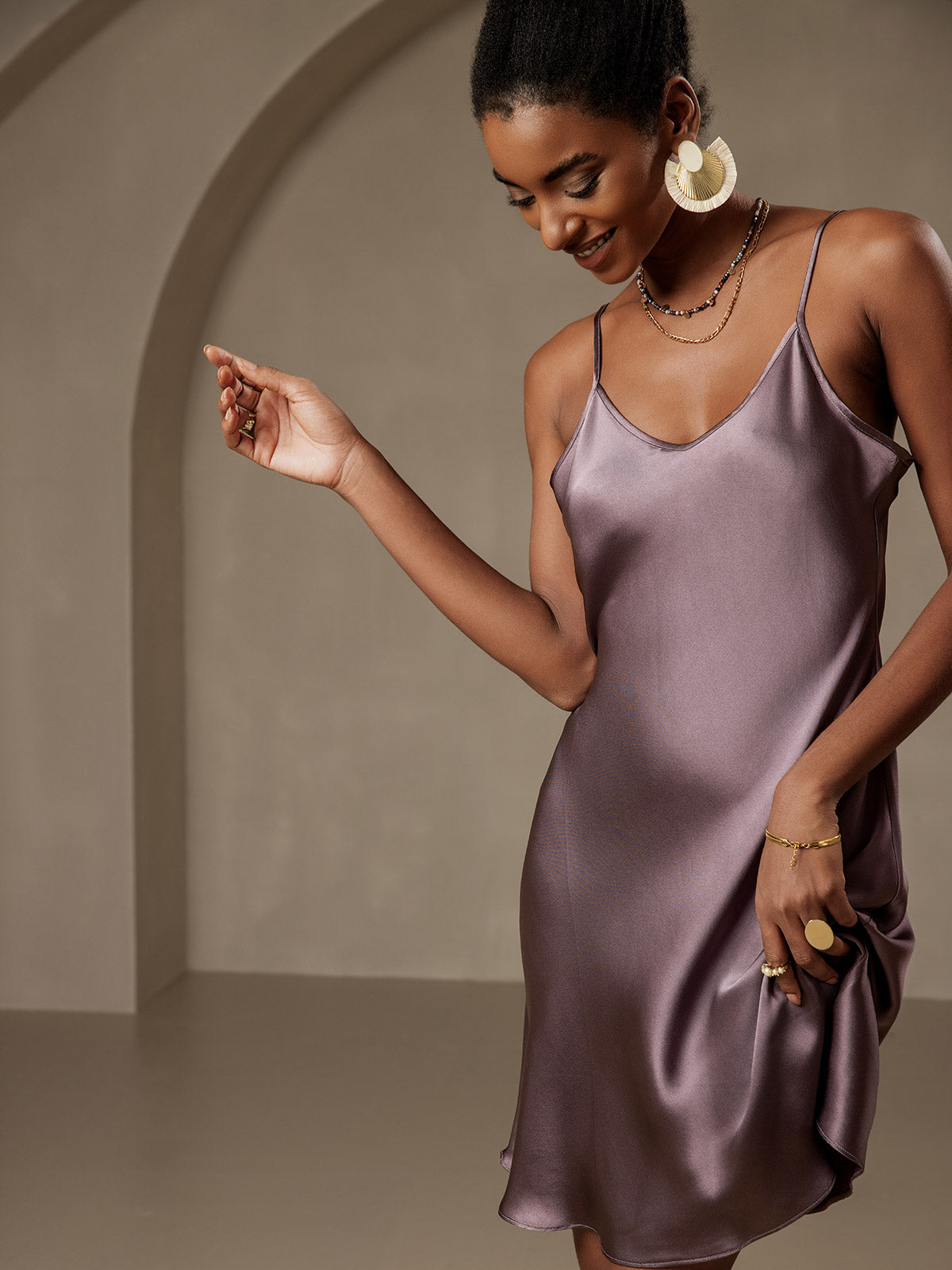 [Purple Gray] SilkSilky-CA Pure Silk V Neck Dress 003