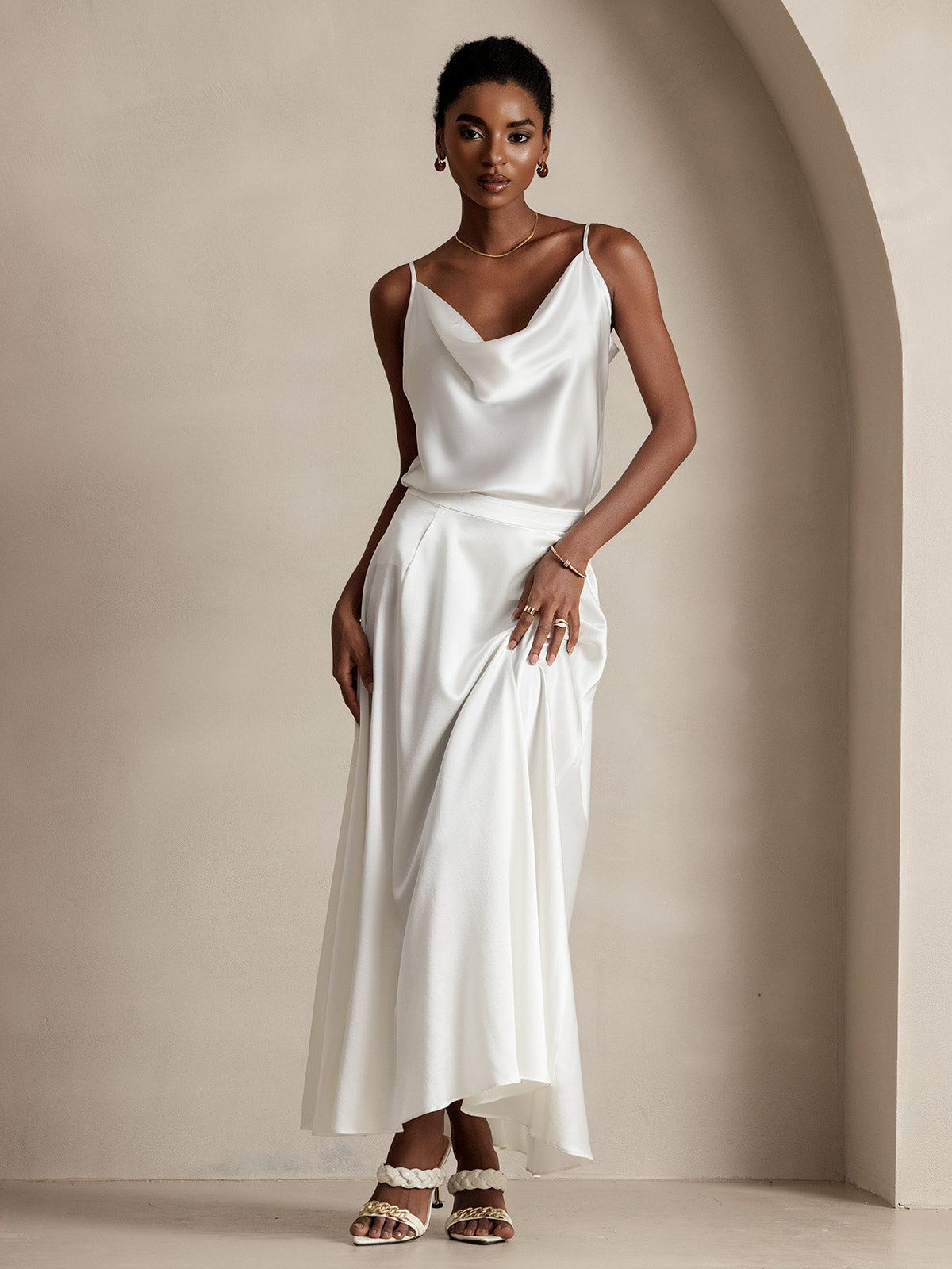 [White] SilkSilky-CA 19Momme Silk Skirt 004