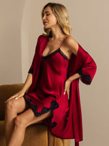 [Wine] SilkSilky-CA Half Sleeve V Neck Nightgown&Robe Set 001