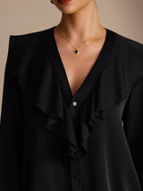 [Black] SilkSilky-CA Long Sleeve Deep V Neck Women's Blouse 005