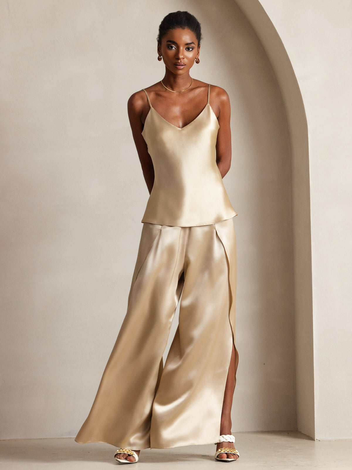 [Champagne] SilkSilky-CA Pure Silk V Neck Camisole 001