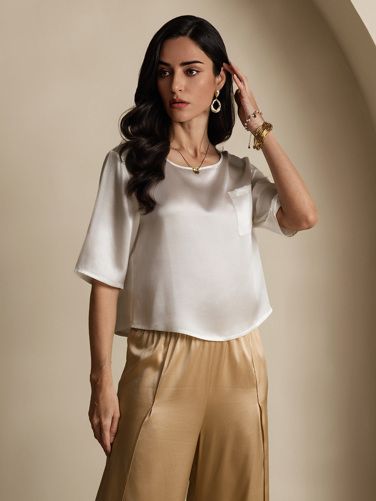 [White] SilkSilky-CA Pure Silk Boat Neck Women's T-Shirt 004