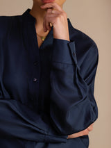 [Dark Blue] SilkSilky-CA Long Sleeve Split Women's Blouse 005