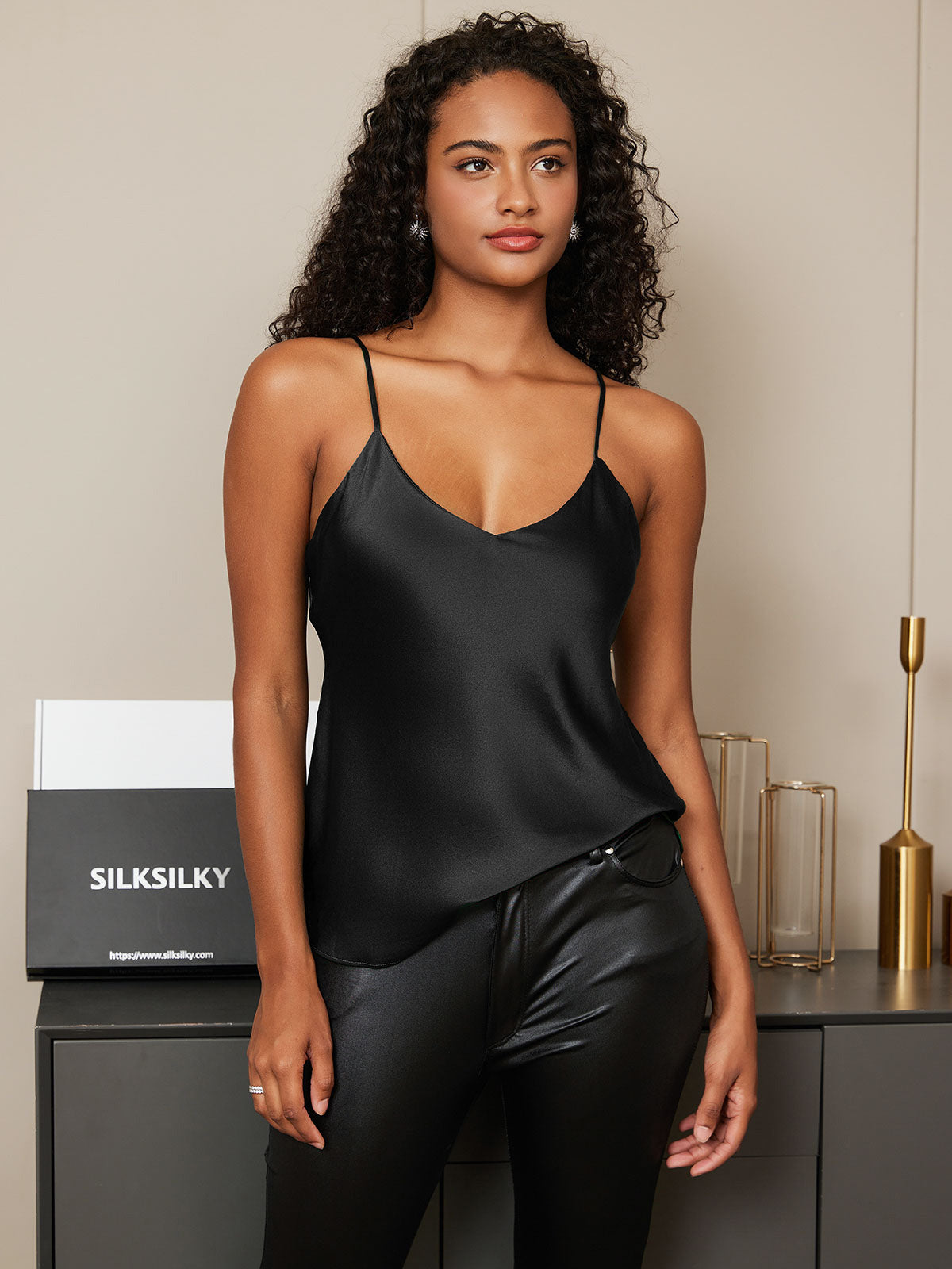 [Black] SilkSilky-CA Pure Silk Sleeveless V Neck Camisole 005