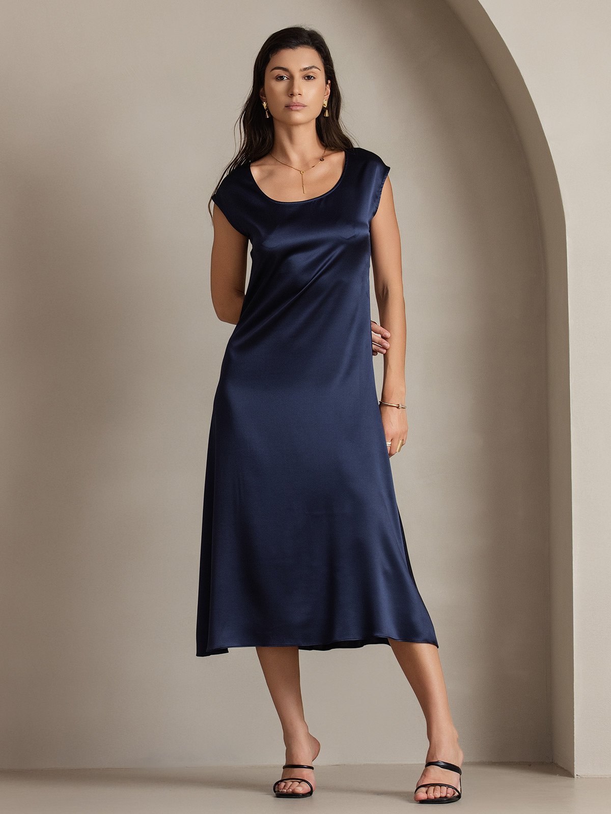 [Dark Blue] SilkSilky-CA 19Momme Silk Cap Sleeve Round Neck Dress 001