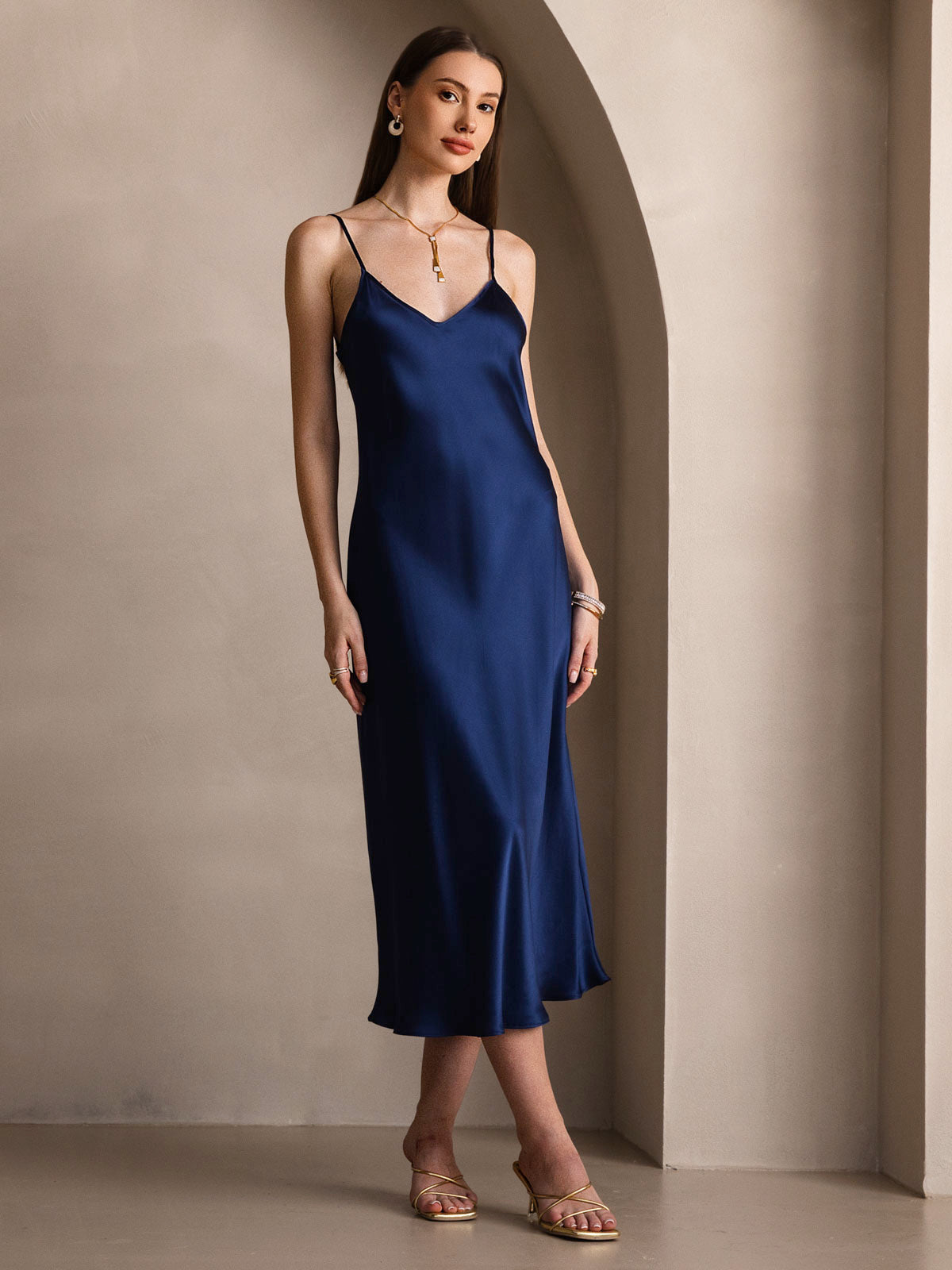 [Dark Blue] SilkSilky-CA Pure Silk Round Neck Dress 004