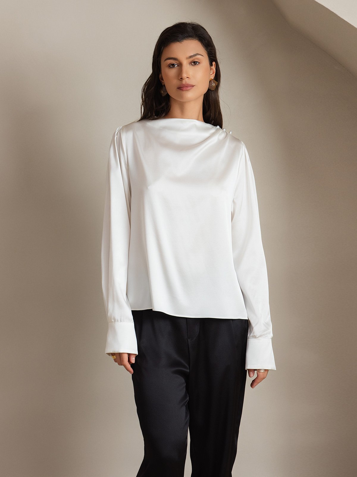 [White] SilkSilky-CA 19Momme Silk Boat Neck Women's Shirt 006