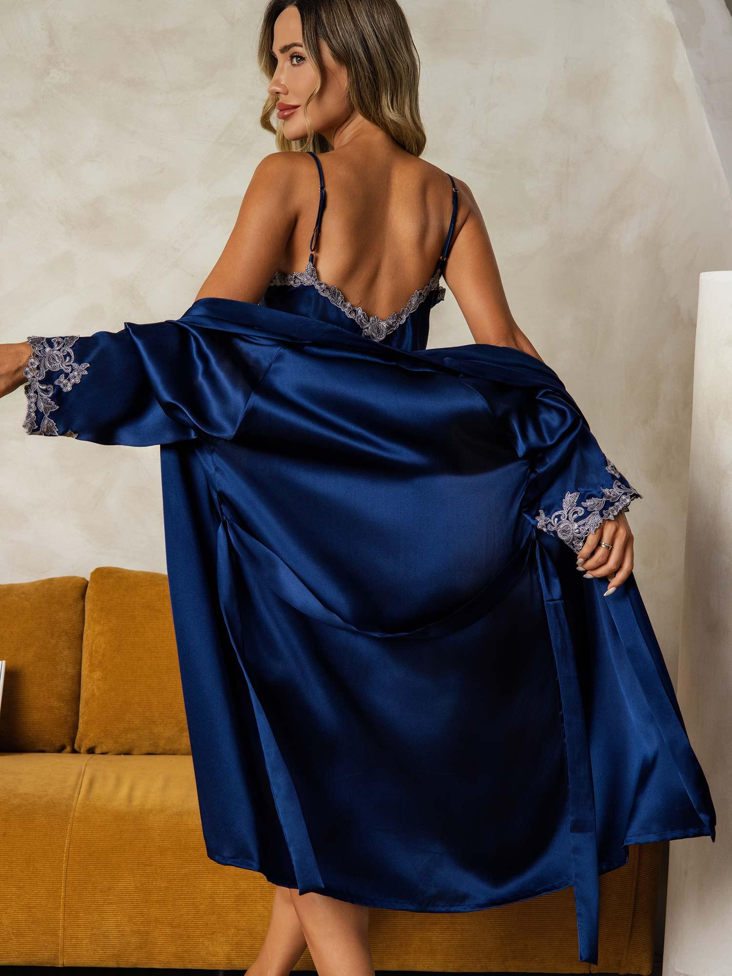 [Dark Blue] SilkSilky-CA 3/4 Sleeve V Neck Nightgown&Robe Set 002