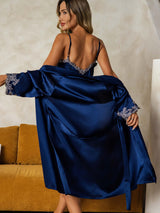 [Dark Blue] SilkSilky-CA 3/4 Sleeve V Neck Nightgown&Robe Set 002