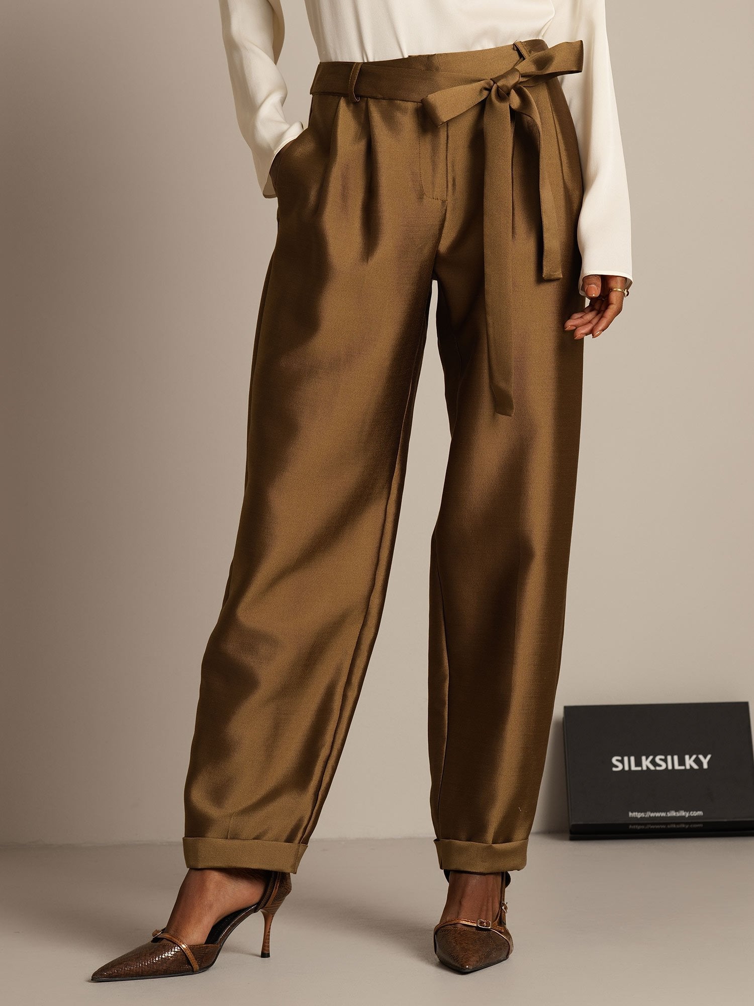 [Bronze] SilkSilky-CA 32Momme Silk-Wool Blend Womens Pants 001,