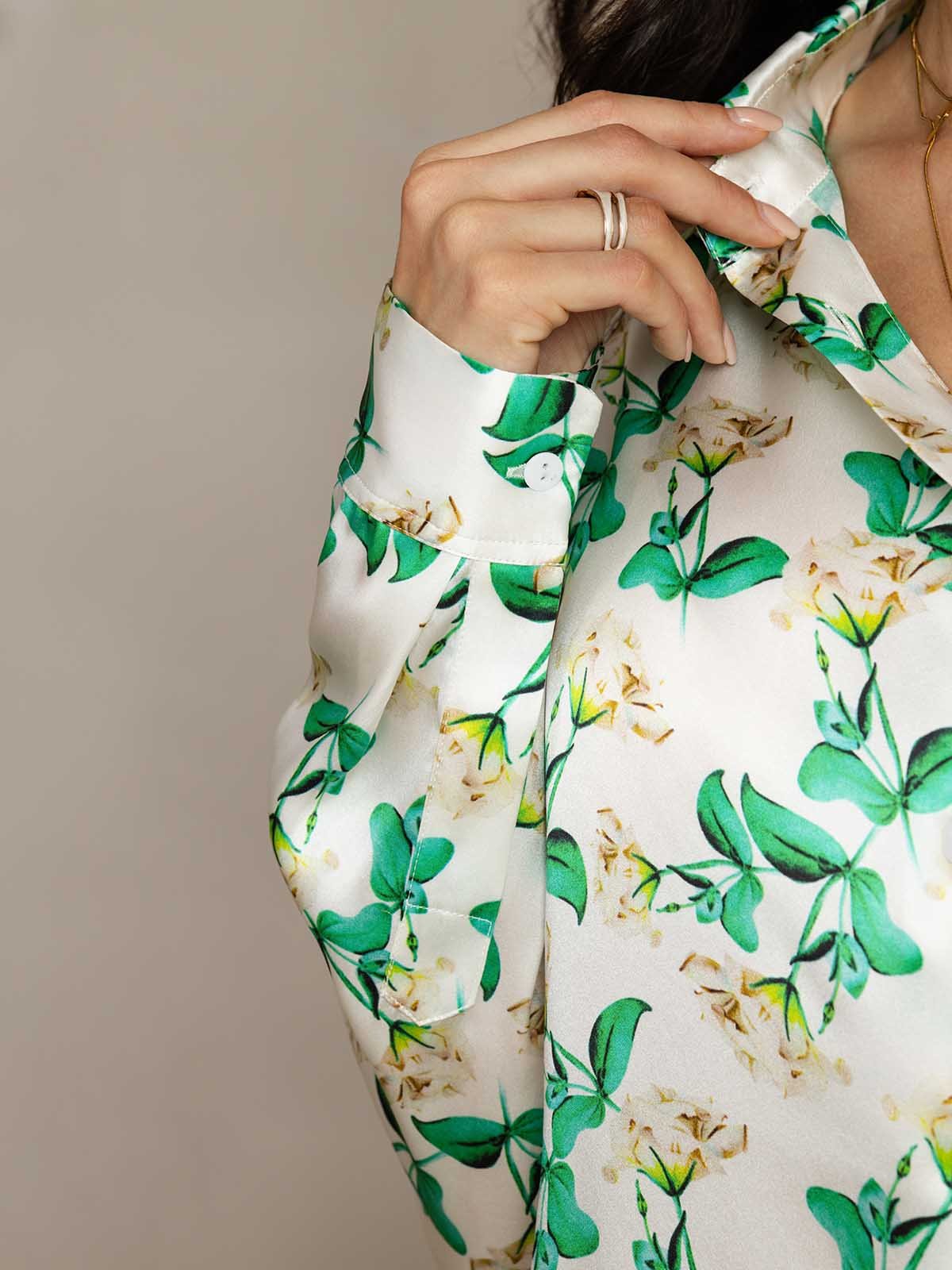 [Green Floral] SilkSilky-CA 19Momme Silk Lapel Collar Women''s Outfit Sets 005