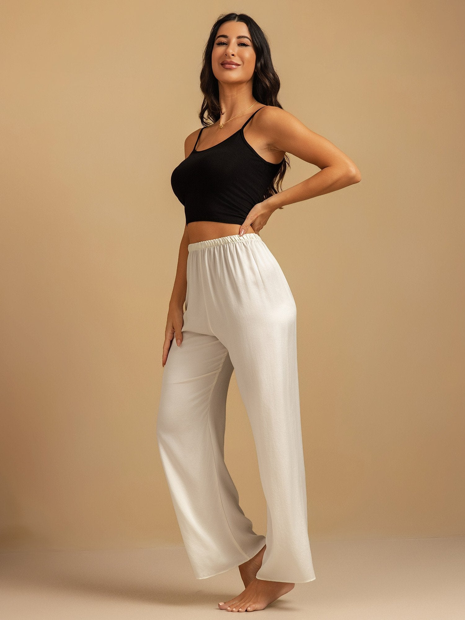 [White] SilkSilky-CA 19Momme Machine-Washable Silk Womens Sleep Bottoms 007