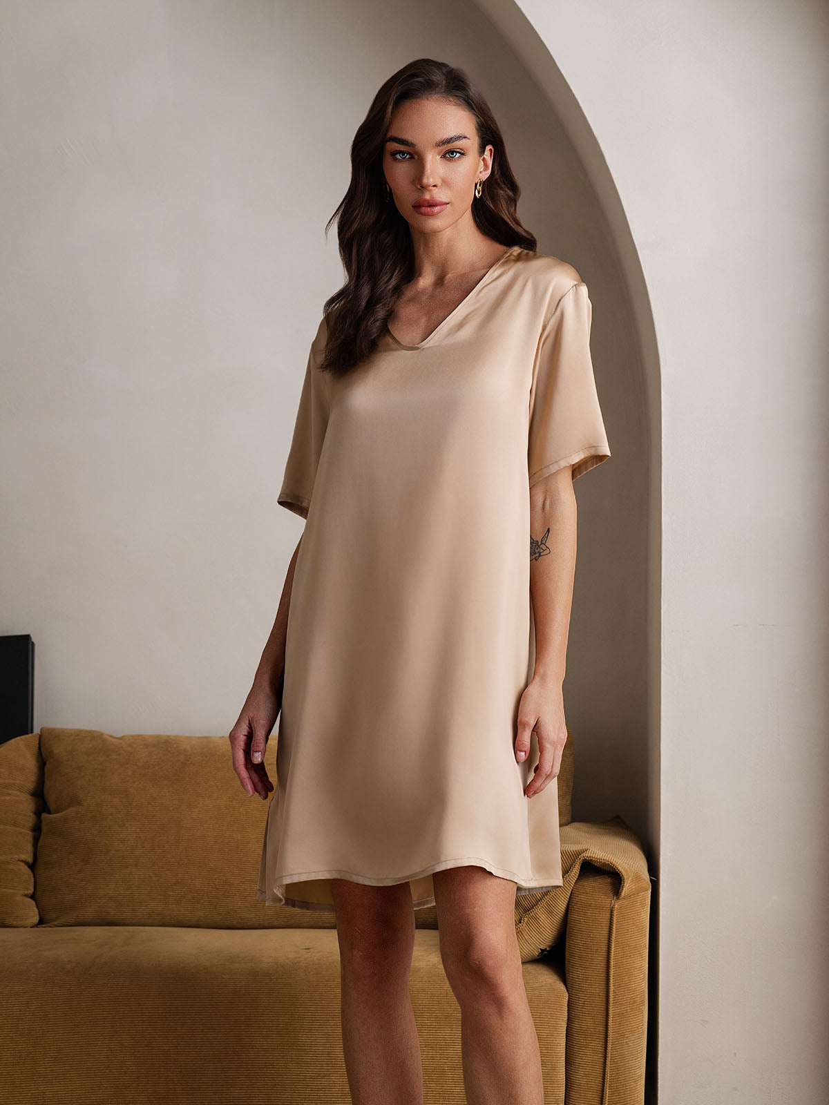 [Champagne] SilkSilky-CA Pure Silk V Neck Nightgown 006