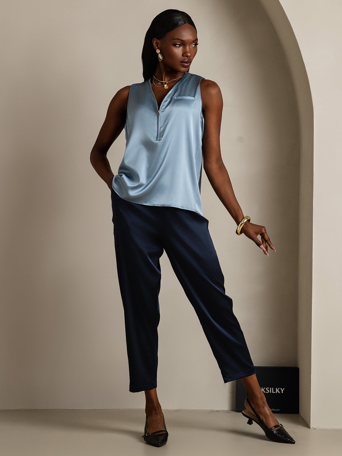 SilkSilky-CA 19Momme Silk Sleeveless V Neck Women's Shirt GrayishBlue 006