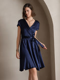 SilkSilky CA 19Momme Silk Short Sleeve V Neck Dress DarkBlue 001