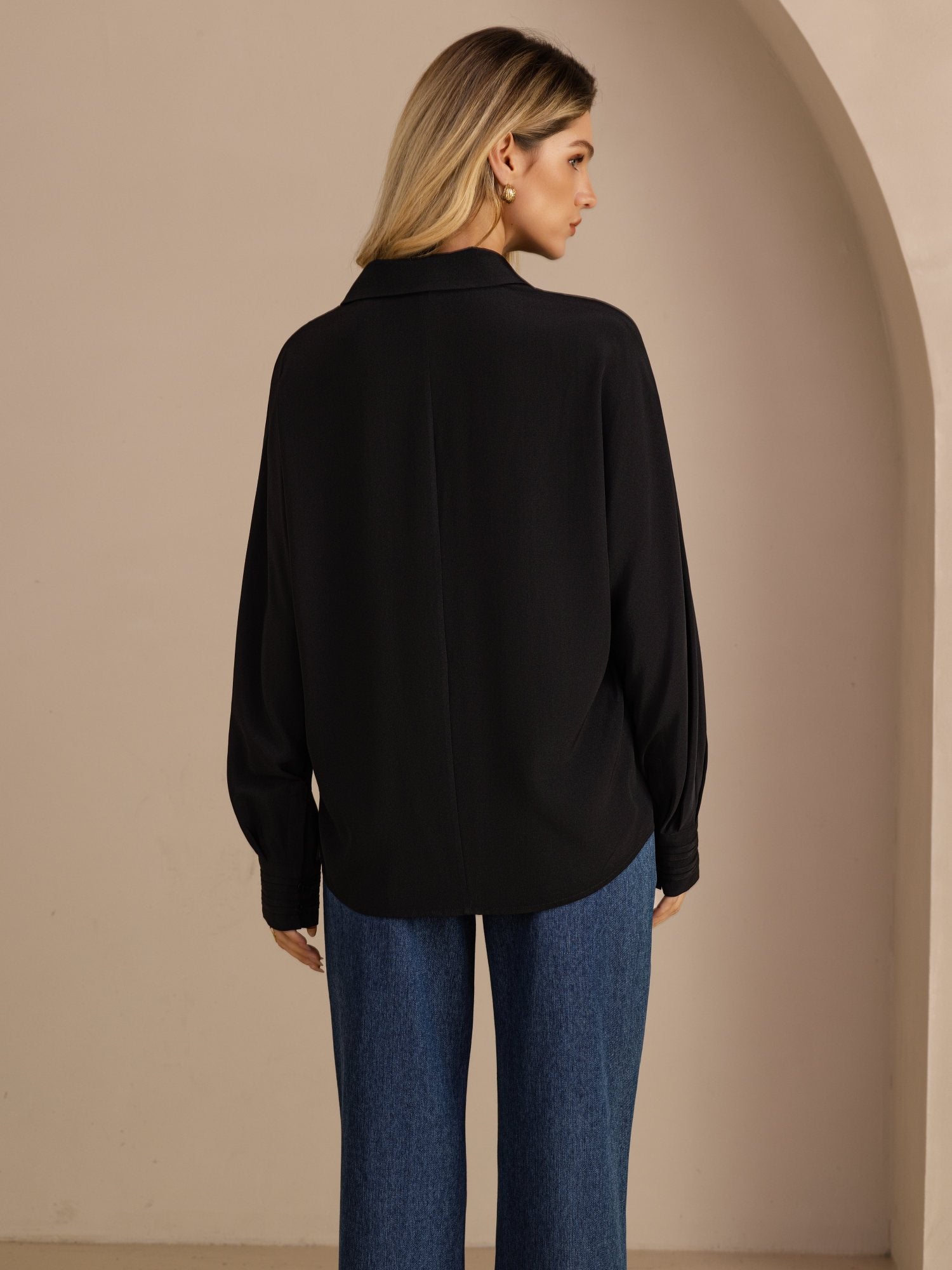 [Black] SilkSilky-CA Long Sleeve Lapel Collar Women's Shirt 002