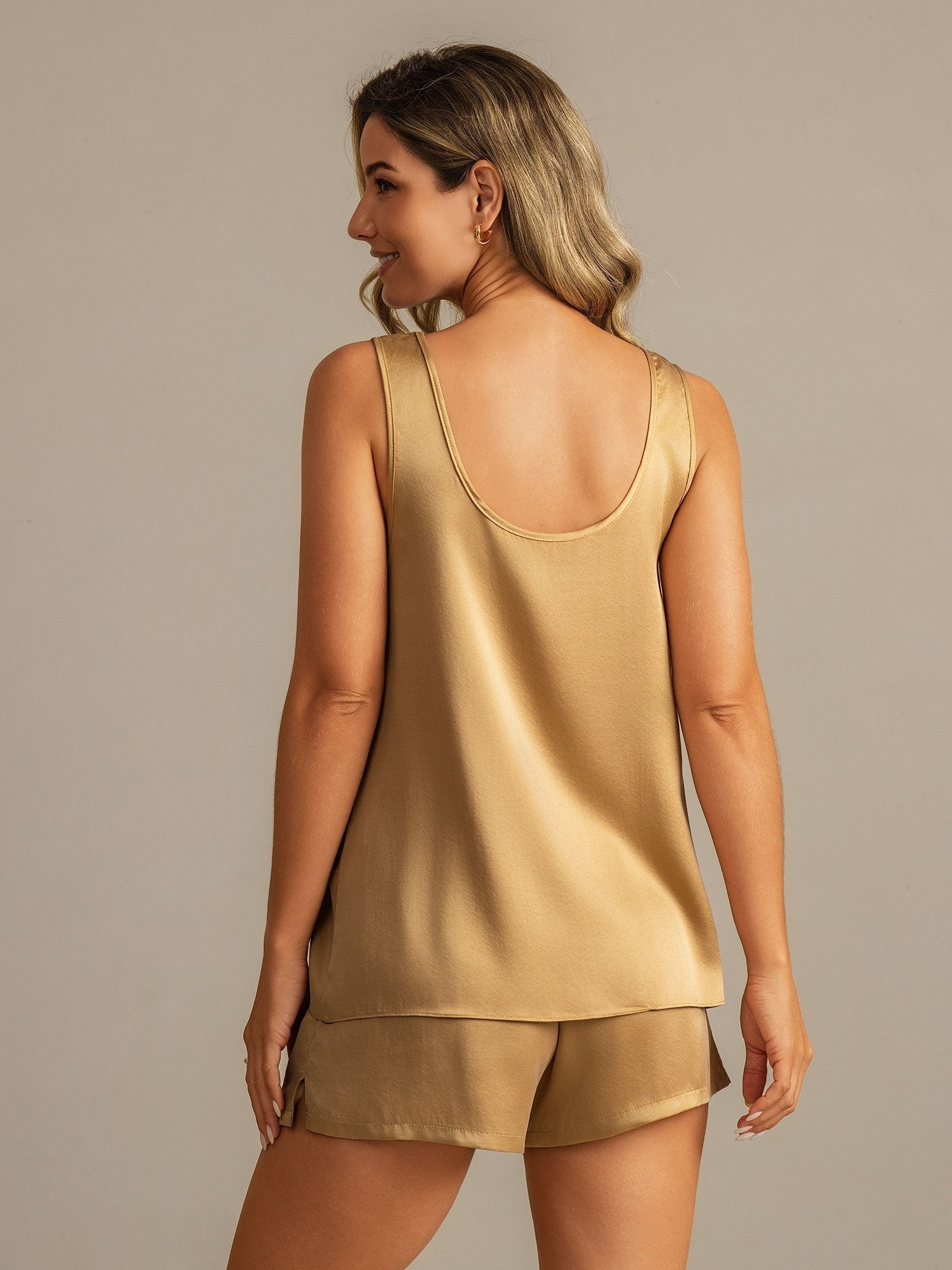 [Tan] SilkSilky-CA 19Momme Washable Silk U Neck Women's Pajamas 002