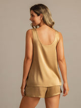 [Tan] SilkSilky-CA 19Momme Machine-Washable Silk Sleeveless Scoop Neck Women's Pajamas 002