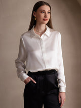 [White] SilkSilky-CA 19Momme Stretch Silk Charmeuse Long Sleeve Lapel Collar Women's Shirt 001