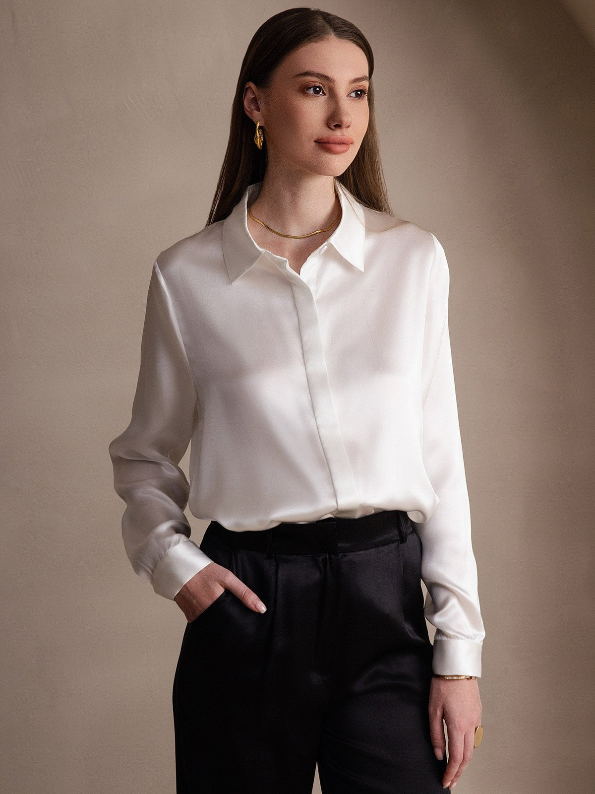 [White] SilkSilky-CA 19Momme Silk Long Sleeve Lapel Collar Women's Shirt 001