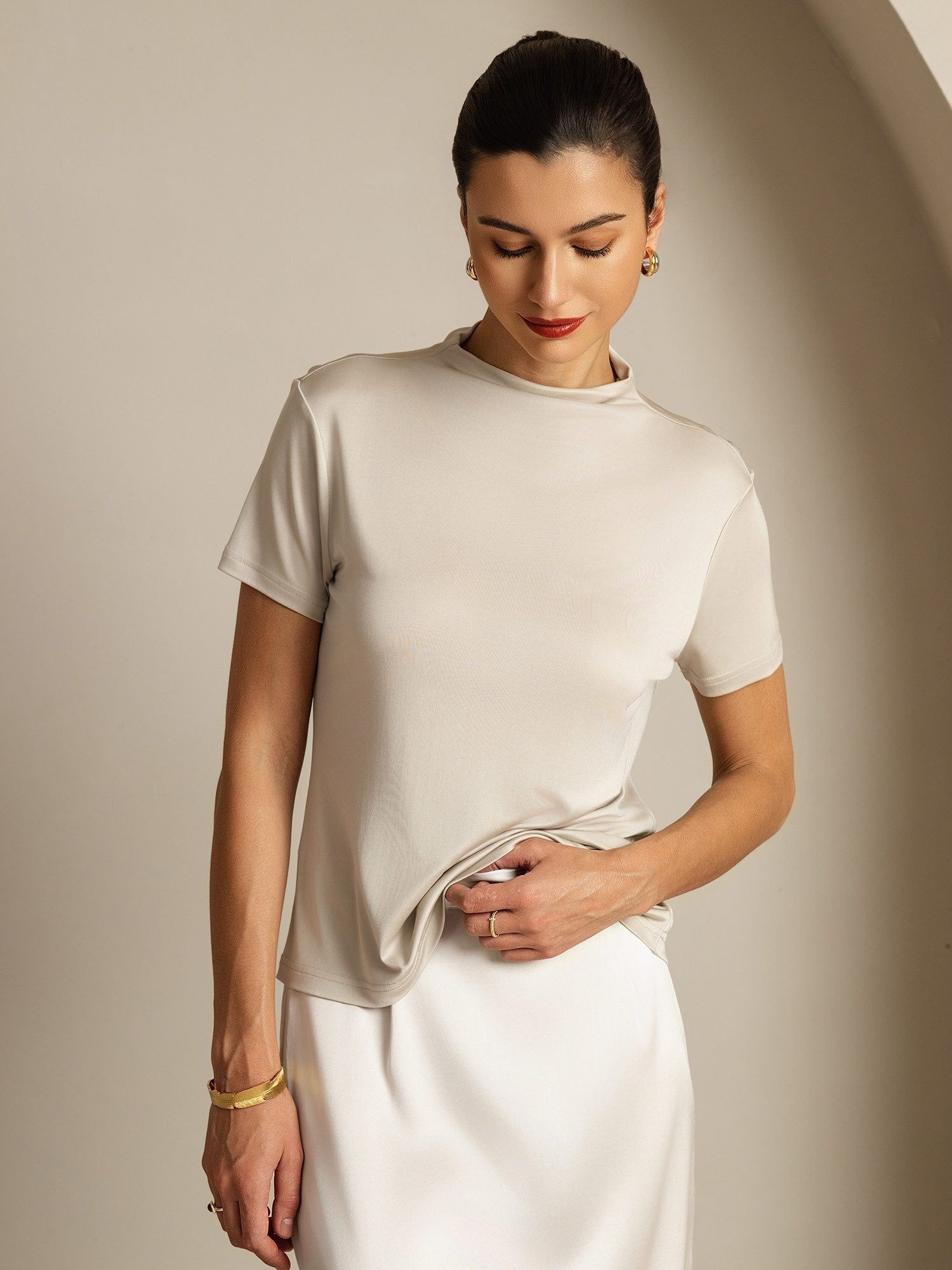 [Gray] SilkSilky-CA Pure Silk Collar Women's T-Shirt 005