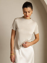 [Gray] SilkSilky-CA 100% Silk Jersey Short Sleeve Mock Neck Women's T-Shirt 005