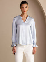 [Sky Blue] SilkSilky-CA Long Sleeve Split Women's Blouse 003