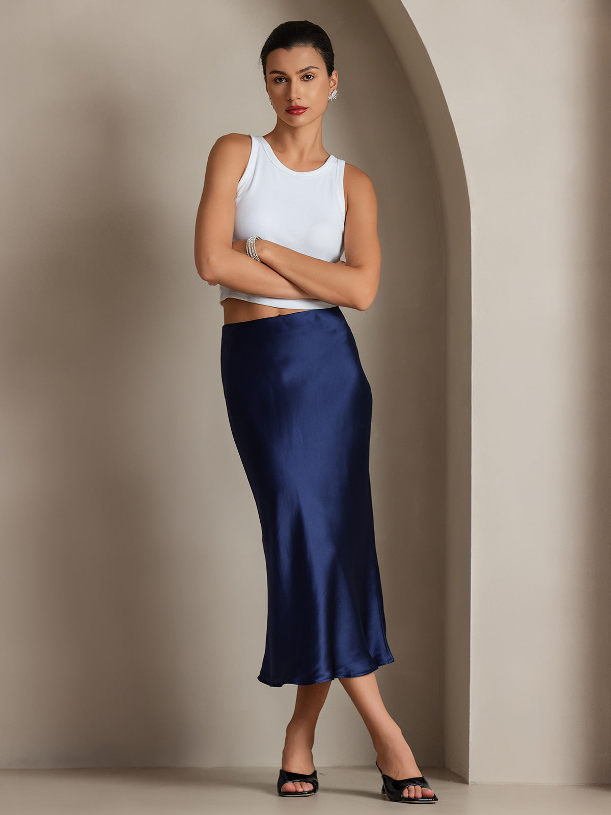 [Dark Blue] SilkSilky-CA 19Momme Pure Silk Skirt 001,