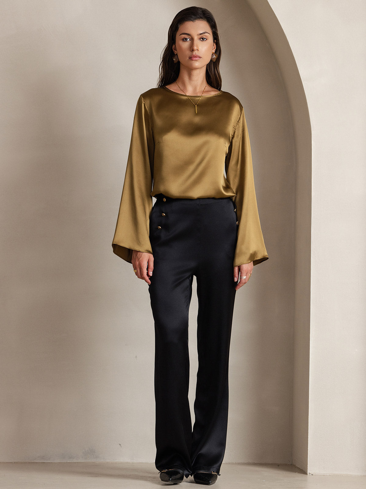 [Brown] SilkSilky-CA 19Momme Silk Round Neck Women's T-Shirt 004,