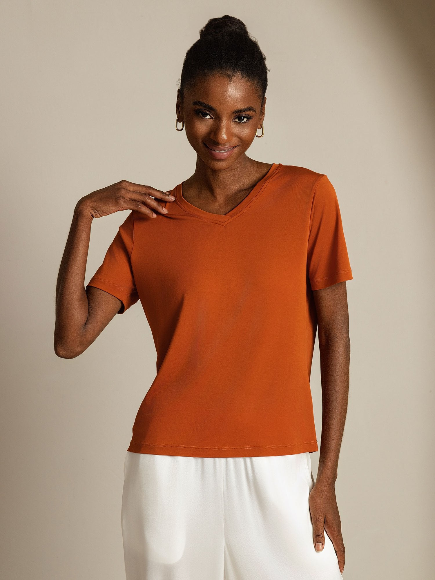 [Orange] SilkSilky-CA Pure Silk V Neck Women's T-Shirt 008