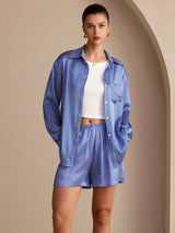 [Blue Pinstripe] SilkSilky-CA Long Sleeve Lapel Collar Women's Outfit Sets 001