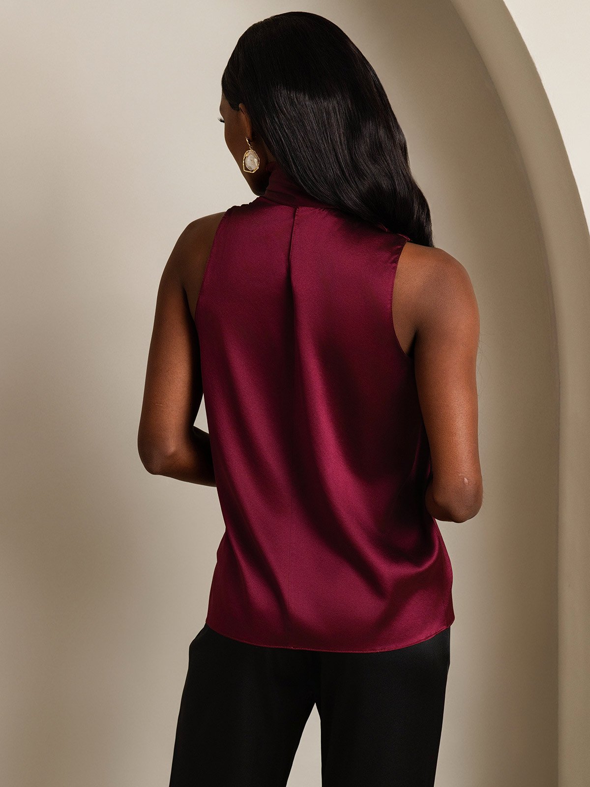SilkSilky-CA 19Momme Silk Tie Neck Women's Shirt DarkRed 002