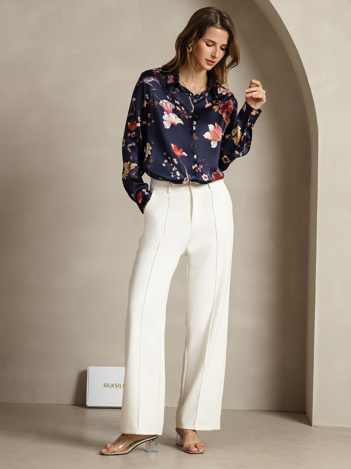 [Navy Floral] SilkSilky-CA Silk Lapel Collar Women's Shirt 004