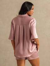 [Peach Skin] SilkSilky-CA 19Momme Machine-Washable Silk Half Sleeve Notch Collar Women's Pajamas 006