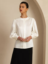 [White] SilkSilky-CA 19Momme Long Sleeve Round Neck Blouse 001