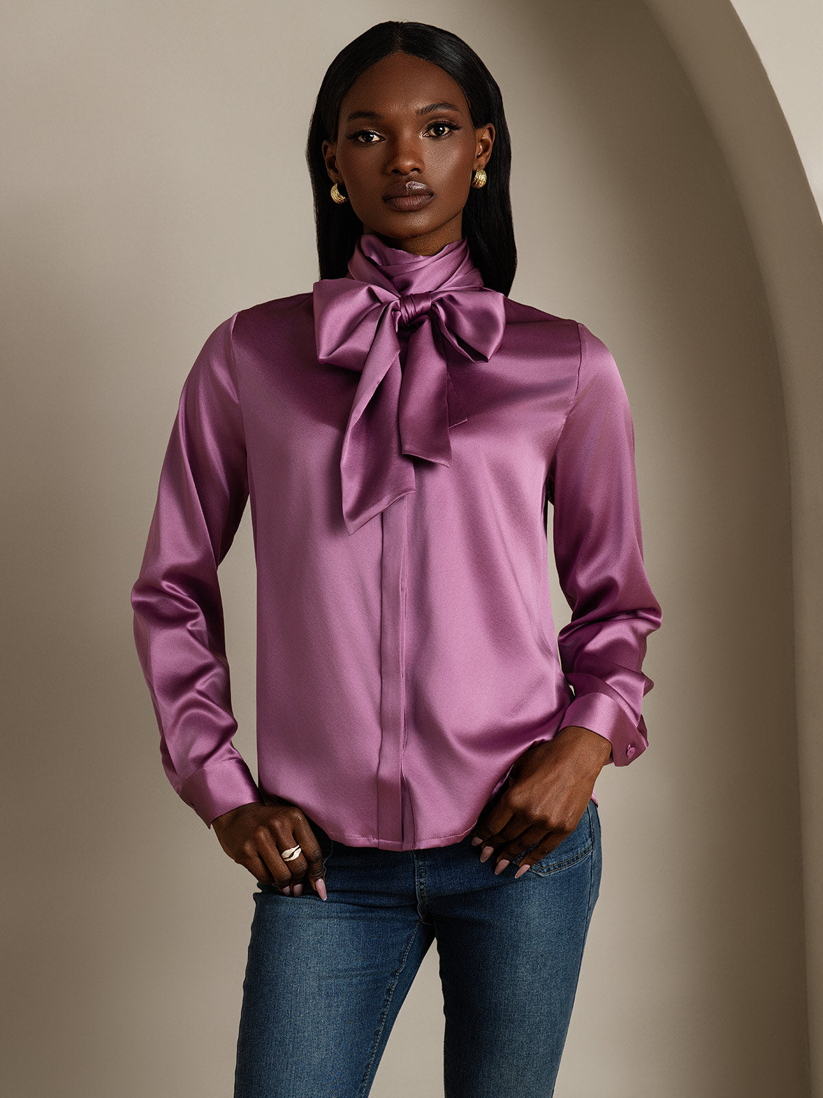 SilkSilky-CA 19Momme Silk Long Sleeve Tie Neck Women's Shirt DeepPurple 001