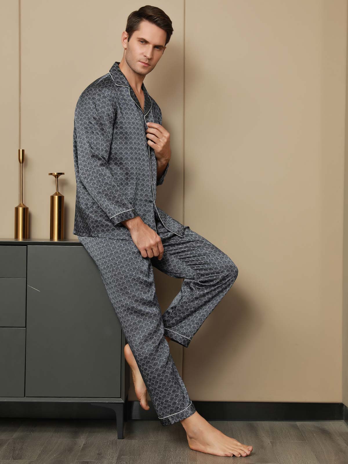 [Navy Ginkgo] SilkSilky-CA 19Momme Pure Silk Mens Pajamas 005
