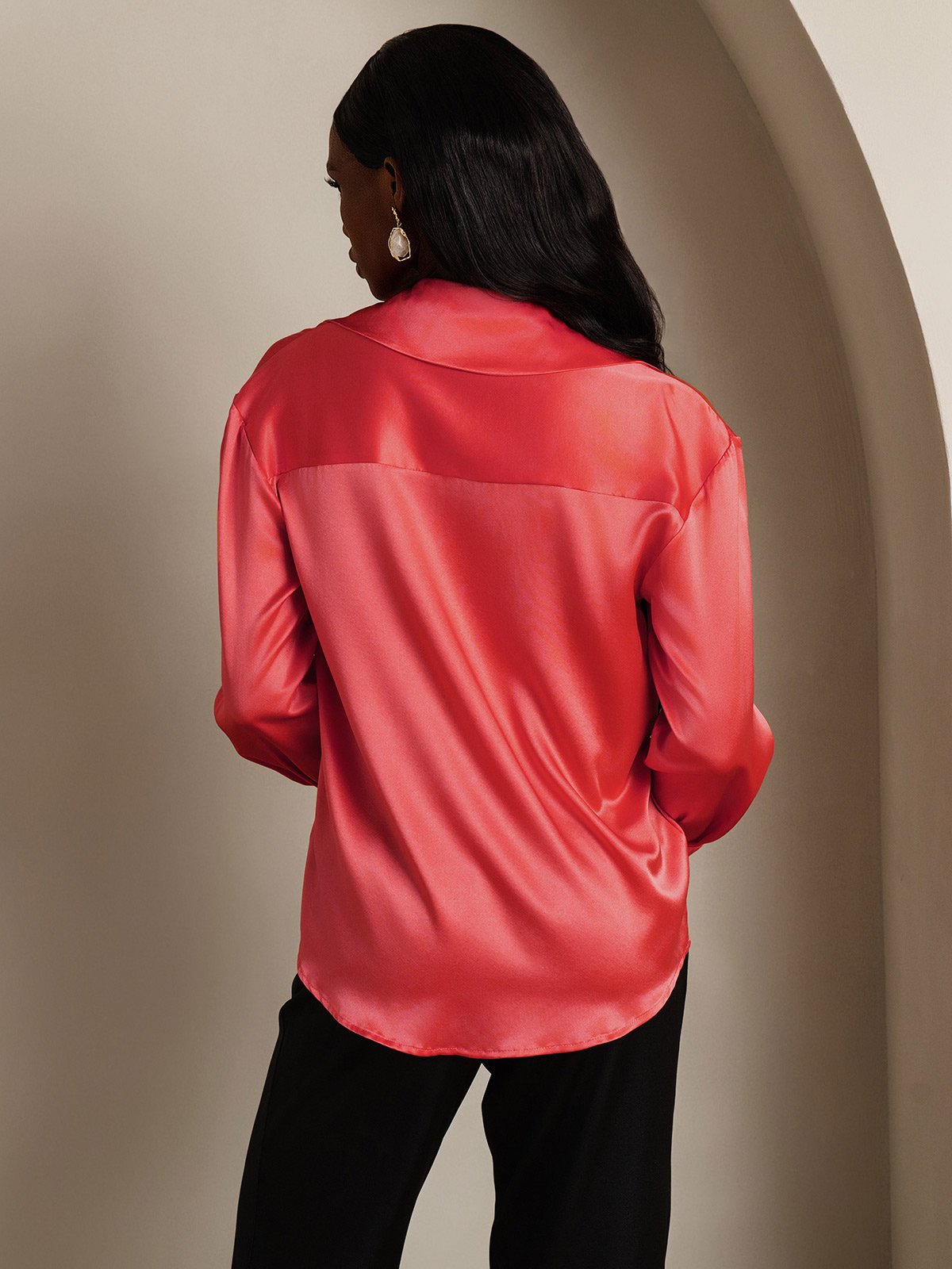 SilkSilky-CA 19Momme Silk Long Sleeve Lapel Women's Shirt ImperialRed 002
