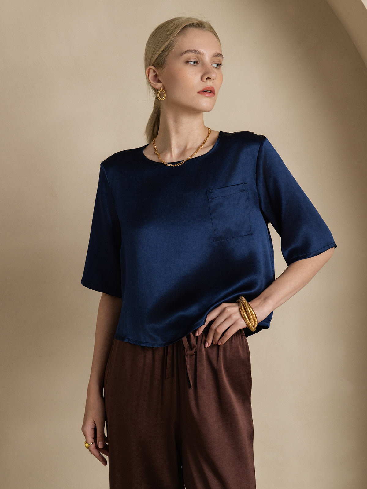 [Dark Blue] SilkSilky-CA Pure Silk Boat Neck Women's T-Shirt 004