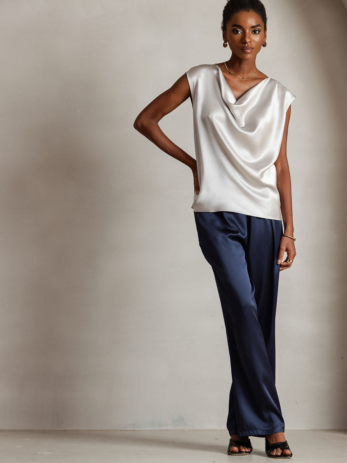 [Light Gray] SilkSilky-CA 19Momme Silk Cowl Neck Women's T-Shirt 003