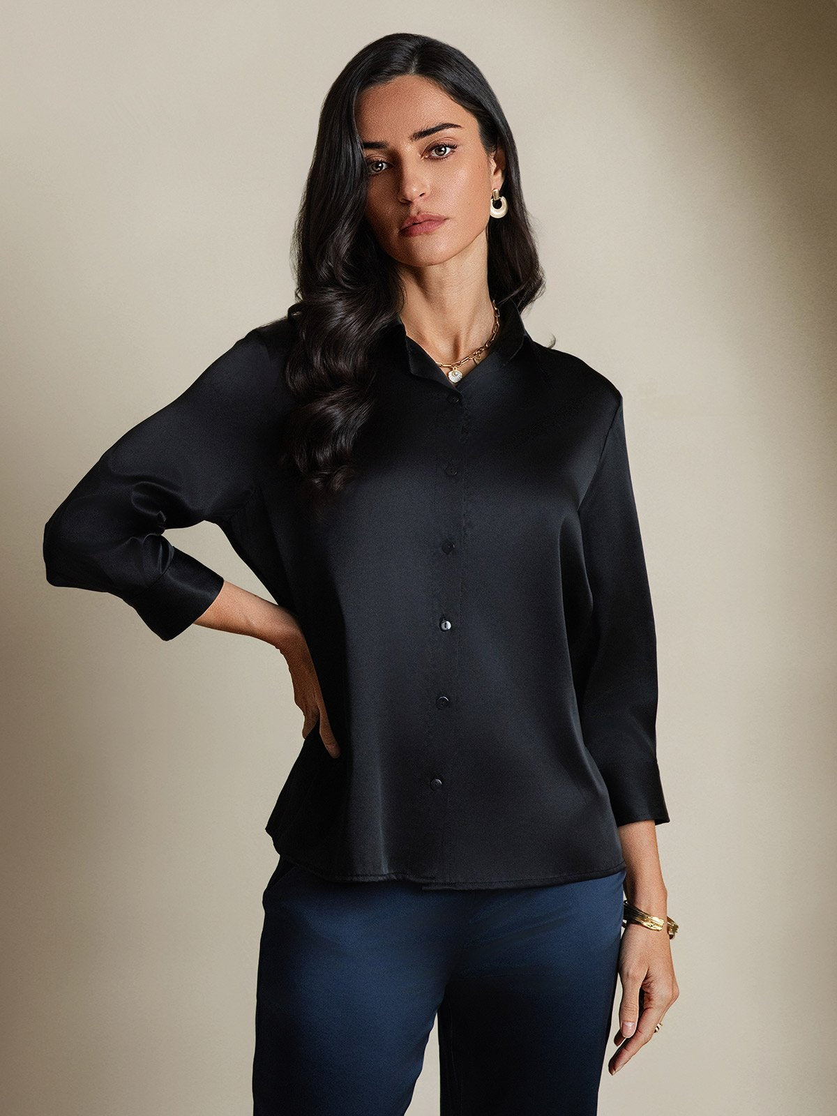 SilkSilky-CA 19Momme Silk Long Sleeve Lapel Women's Shirt Black 004