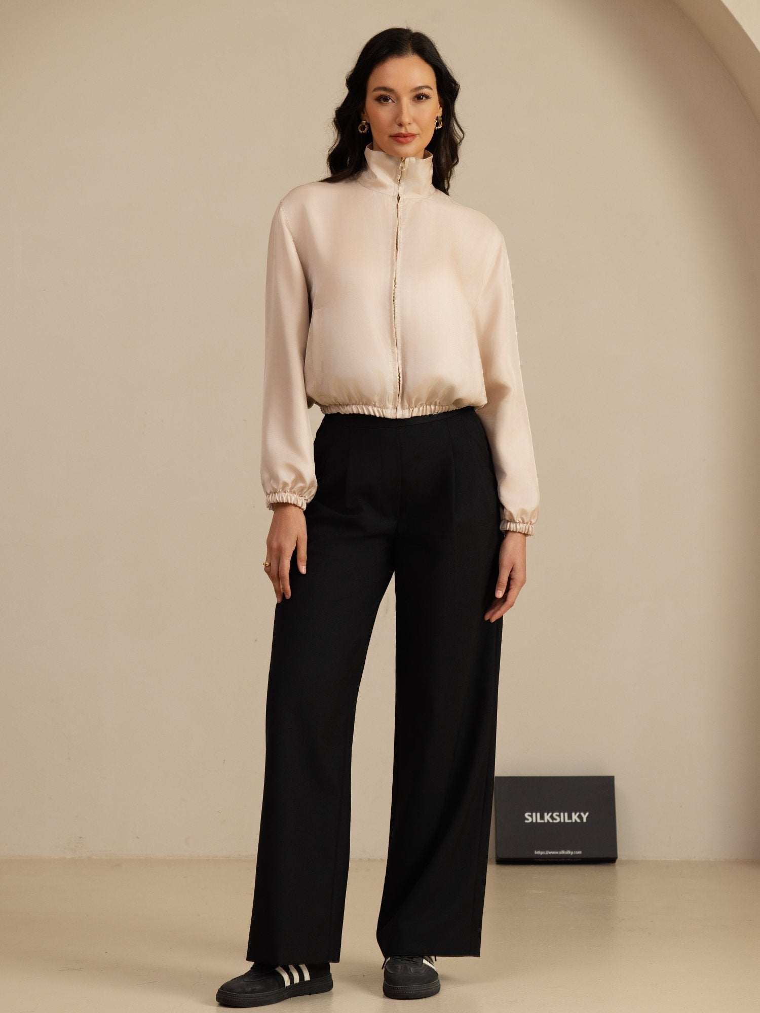 [Tan+Pink] SilkSilky-CA 18Momme Silk Satin Surah Long Sleeve Stand Collar Women's Outerwear 007