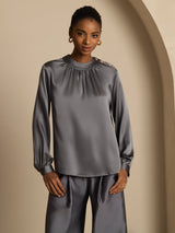 [Dark Gray] SilkSilky-CA 19Momme Stretch Silk Charmeuse Long Sleeve Round Neck Blouse 001