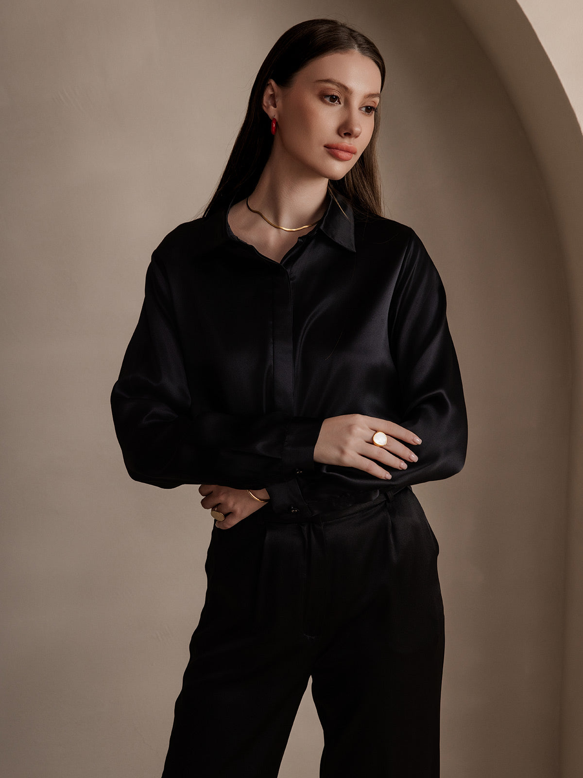 SilkSilky-CA 19Momme Silk Long Sleeve Collar Women's Shirt Black 003