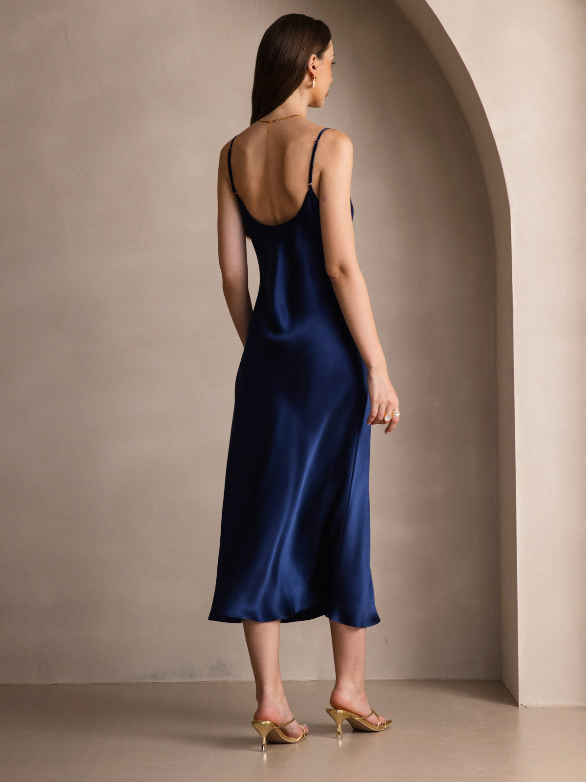 [Dark Blue] SilkSilky-CA Pure Silk Round Neck Dress 002