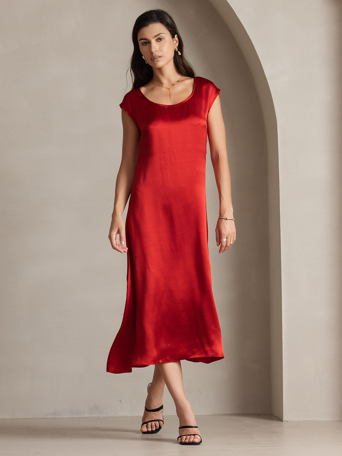 [Wine] SilkSilky-CA 19Momme Silk Round Neck Dress 004